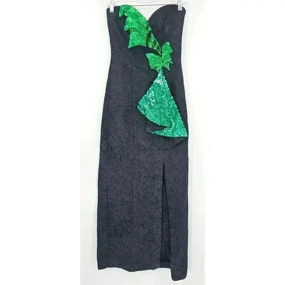 Vintage 80s/90s Loralie Original Women's 6 Black Form Fitting Gown w/ Green Bow - Picture 1 of 11